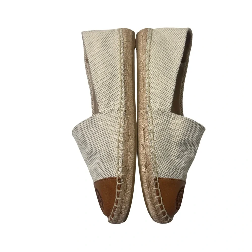 Tory Burch Canvas Leather Espadrilles Womens 6 Natural Ambra Excellent Logo Flat